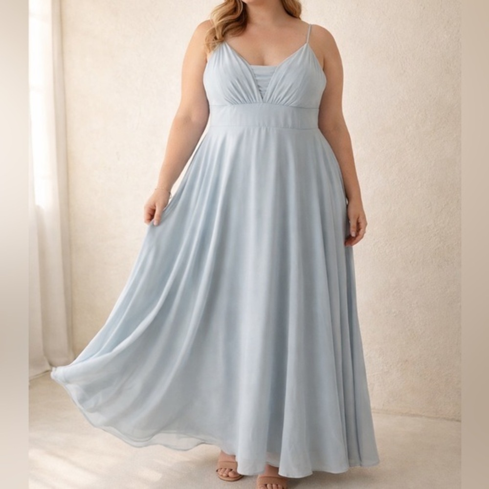 Jenny Yoo Soft Blue Chiffon Empire Waist Bridesmaid Wedding Maxi Gown Dress